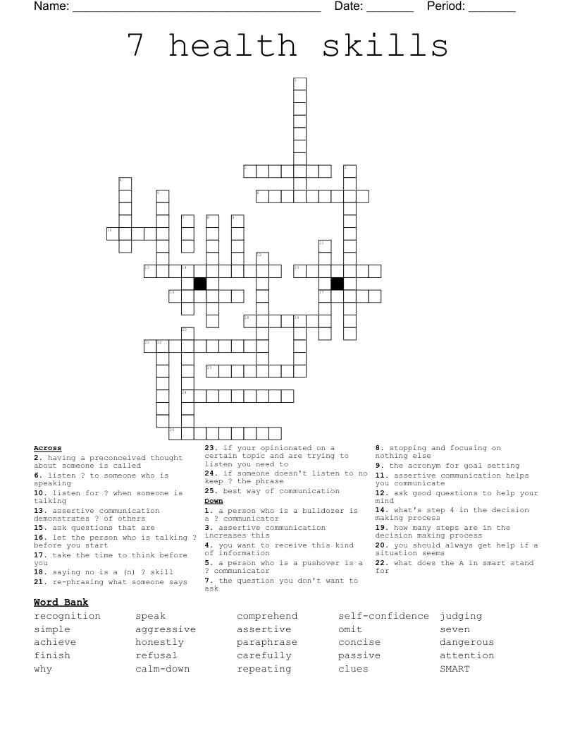 7 Health Skills Crossword WordMint 7 Health Skills Crossword WordMint
