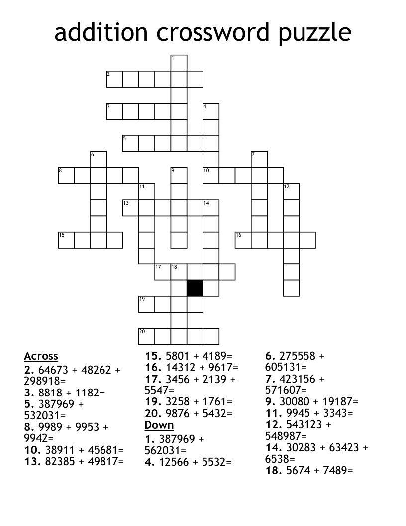 Addition Crossword Puzzle WordMint