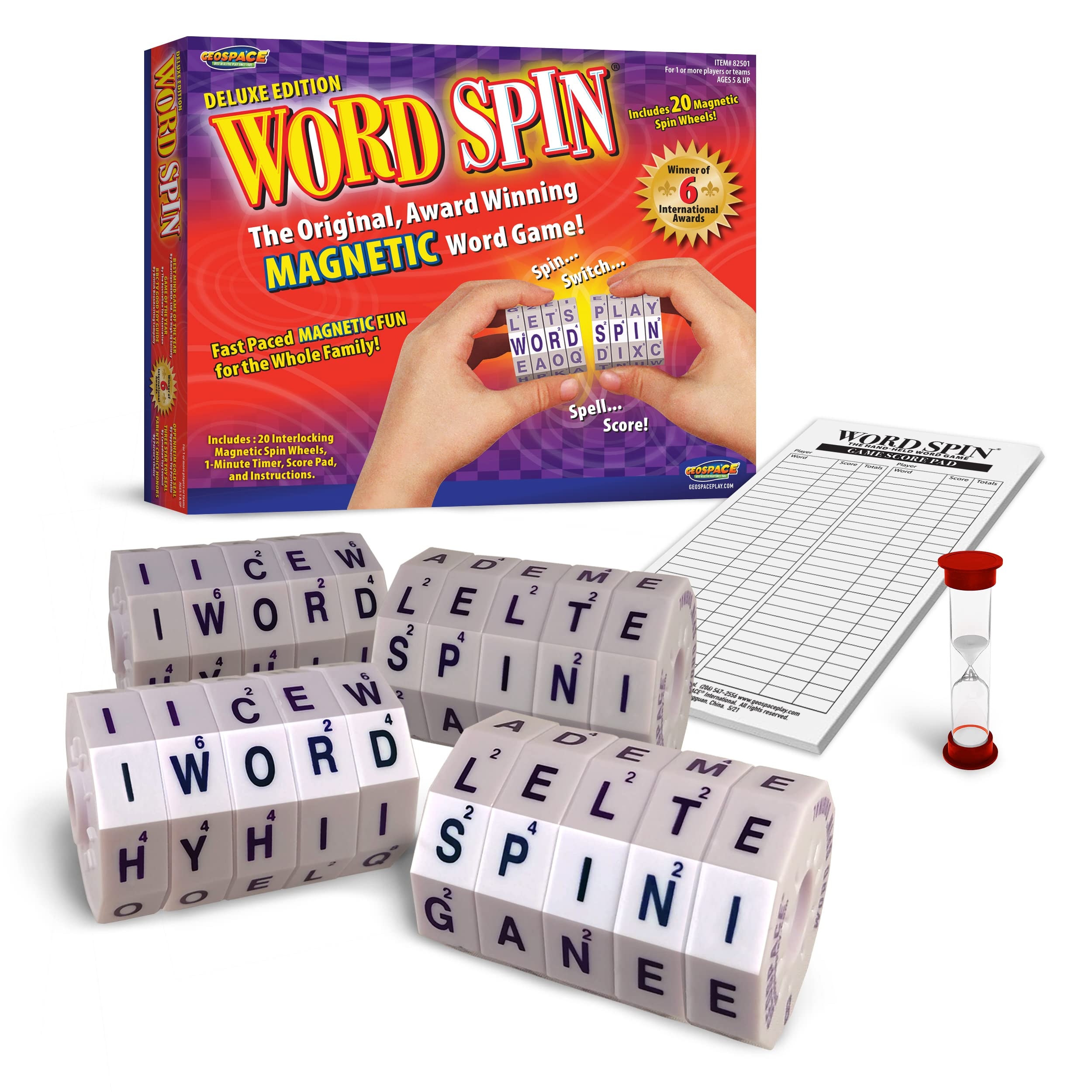Amazon Geospace Word Spin Deluxe Family Edition For Adults Kids The Award Winning Magnetic Word Game With 20 Magnetic Spin Wheels Timer Score Pad Birthday Parties Game