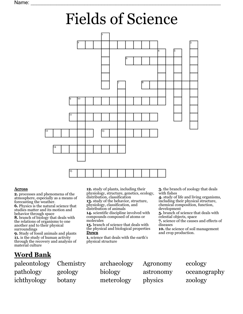 Fields Of Science Crossword WordMint