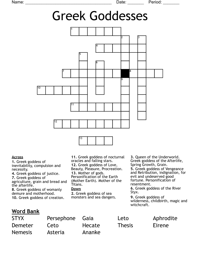 Greek Goddesses Crossword WordMint