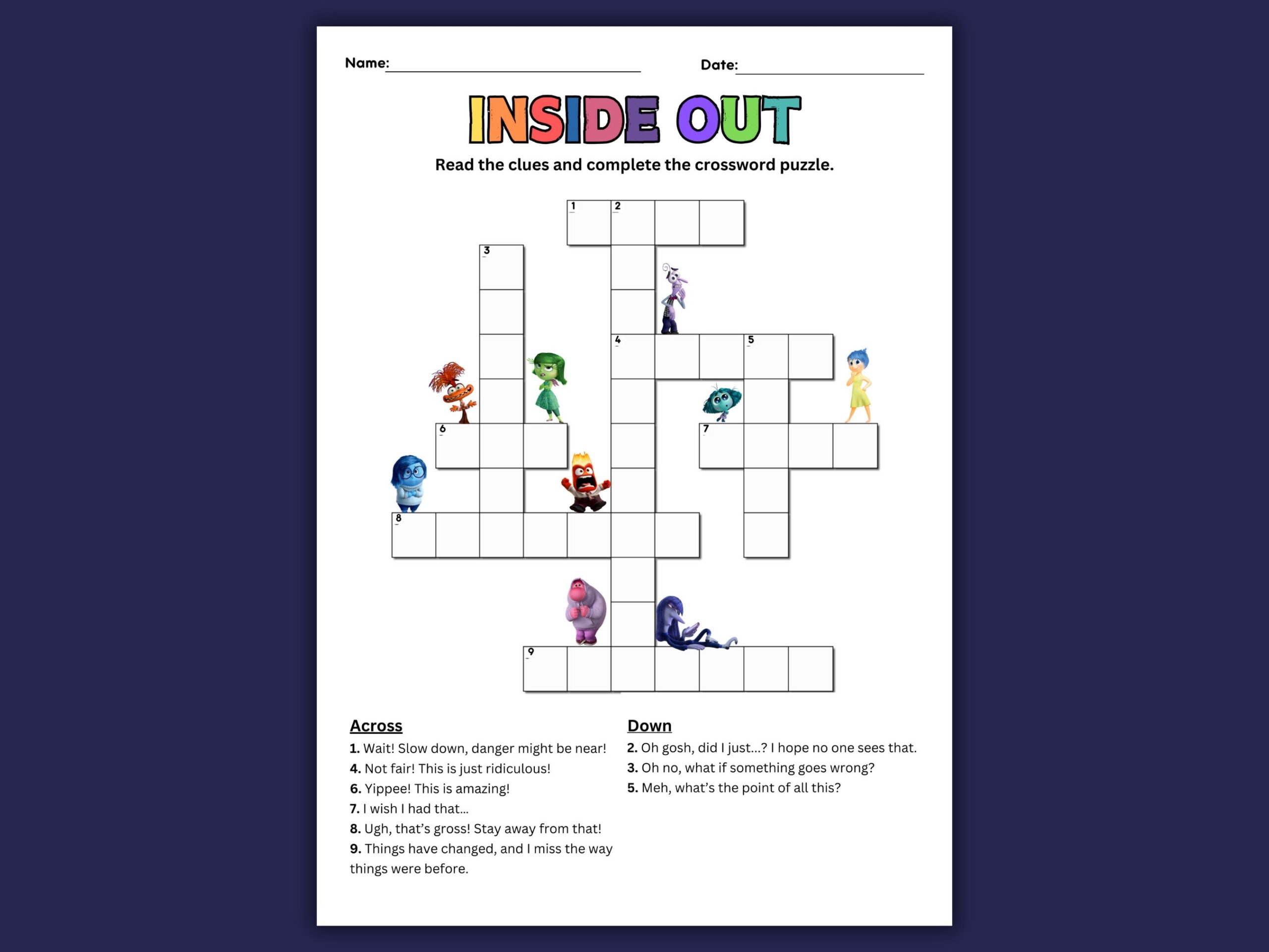 Inside Out 2 Worksheet Feelings Crossword Puzzle Activity digital Printable Etsy New Zealand