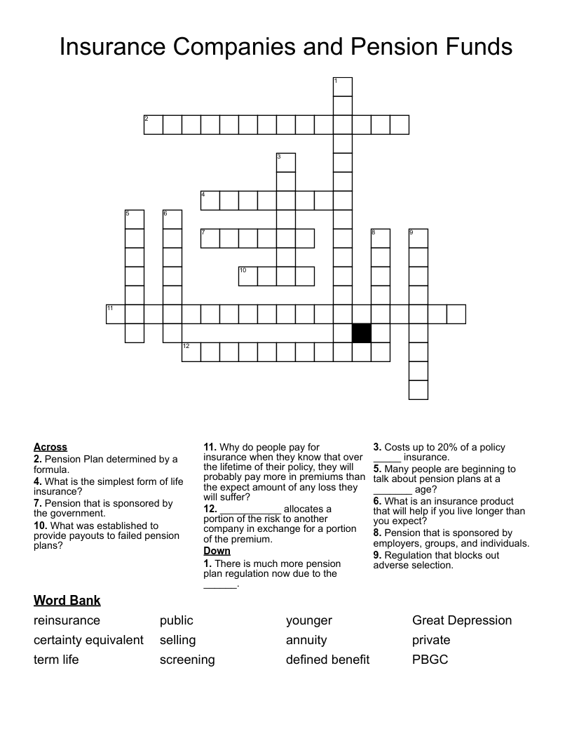 Insurance Companies And Pension Funds Crossword WordMint