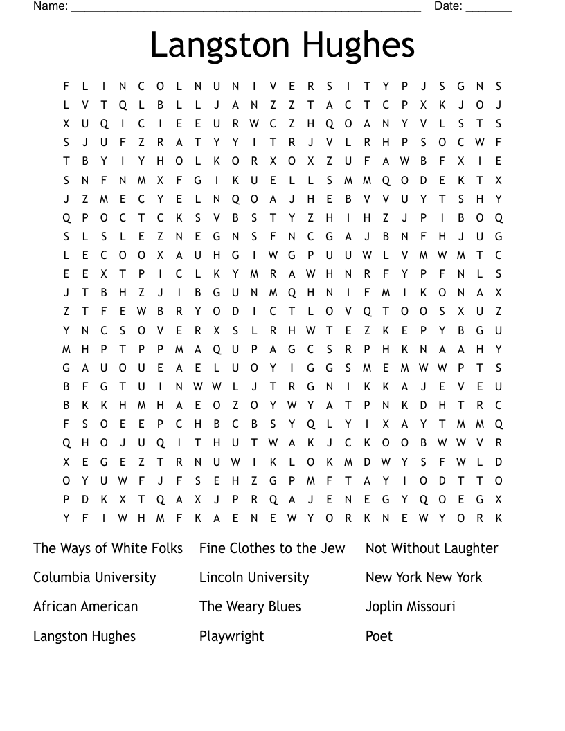 Langston Hughes Word Search WordMint