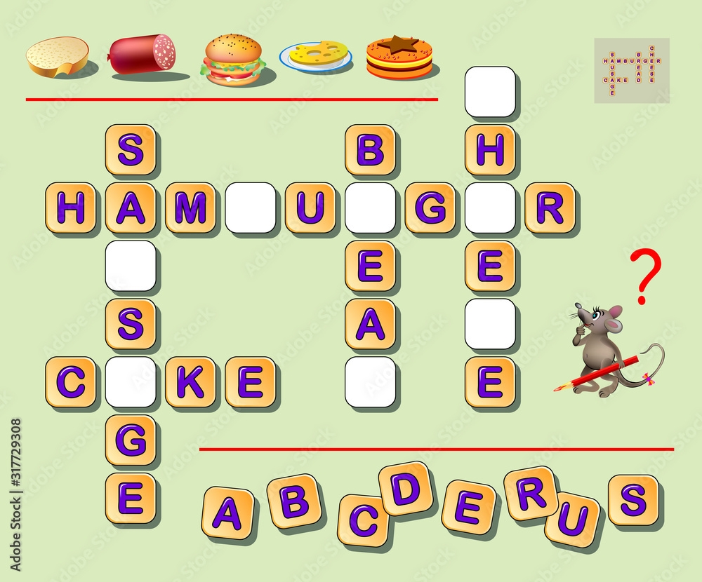 Logic Crossword Puzzle Game For Kids To Study English Words Find Missing Letters And Draw Them In Empty Squares Developing Writing And Reading Skills Printable Worksheet For Children Textbook Stock Vector