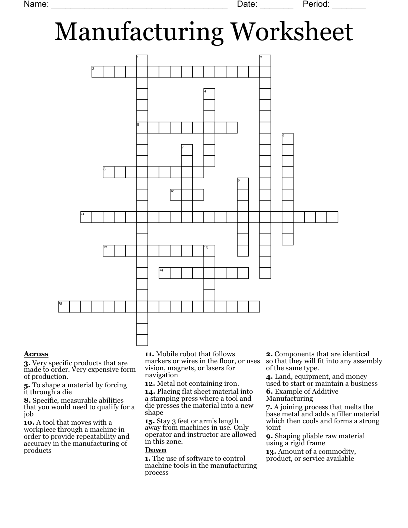 Manufacturing Worksheet Crossword WordMint