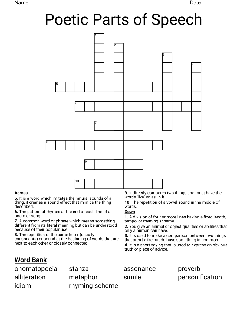 Poetic Parts Of Speech Crossword WordMint