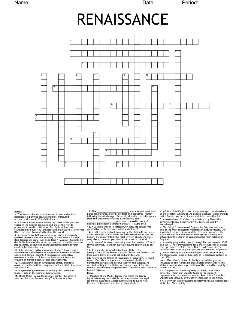 RENAISSANCE Crossword WordMint