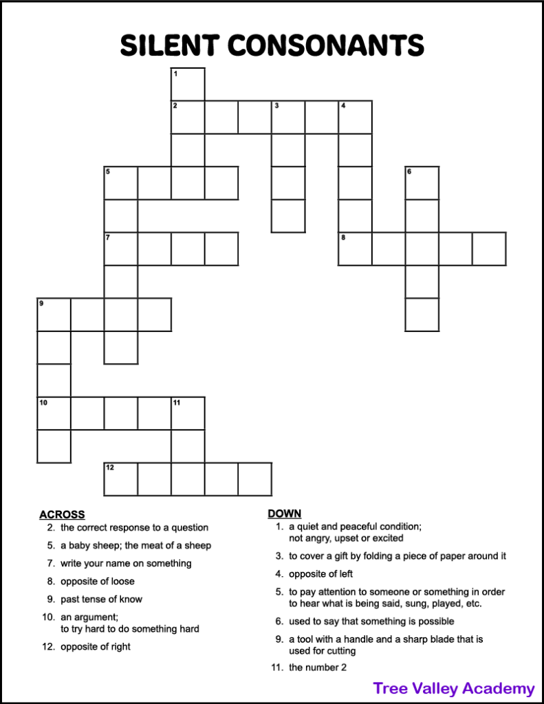 Silent Letters Crossword Puzzle For Kids Tree Valley Academy Silent Letters Crossword Puzzle For Kids Tree Valley Academy