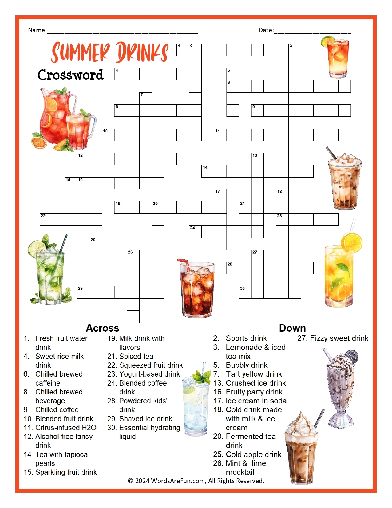 Summer Drinks Crossword Summer Drinks Crossword