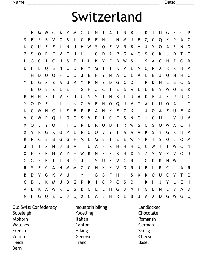 Switzerland Word Search WordMint Switzerland Word Search WordMint