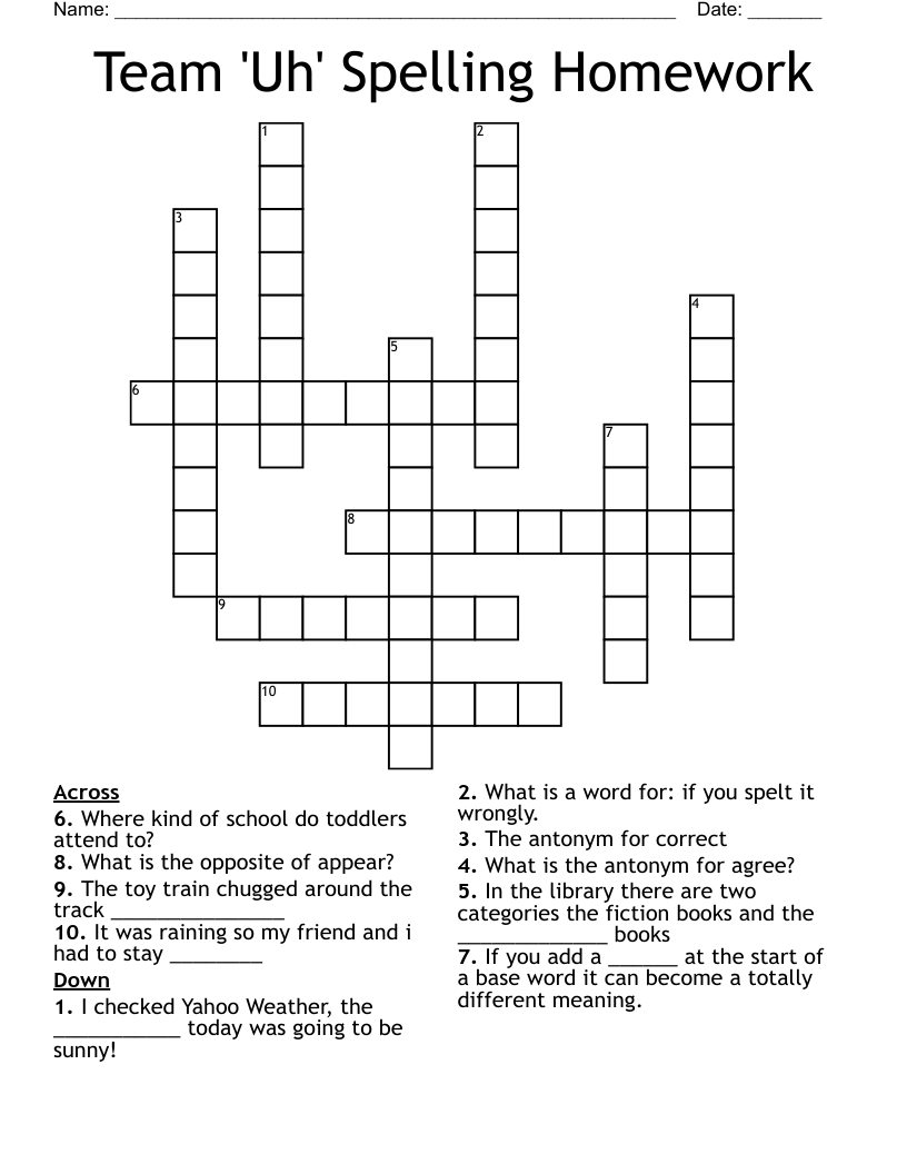 Team Uh Spelling Homework Crossword WordMint