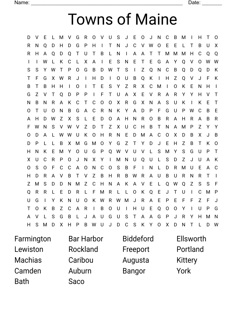 Towns Of Maine Word Search WordMint