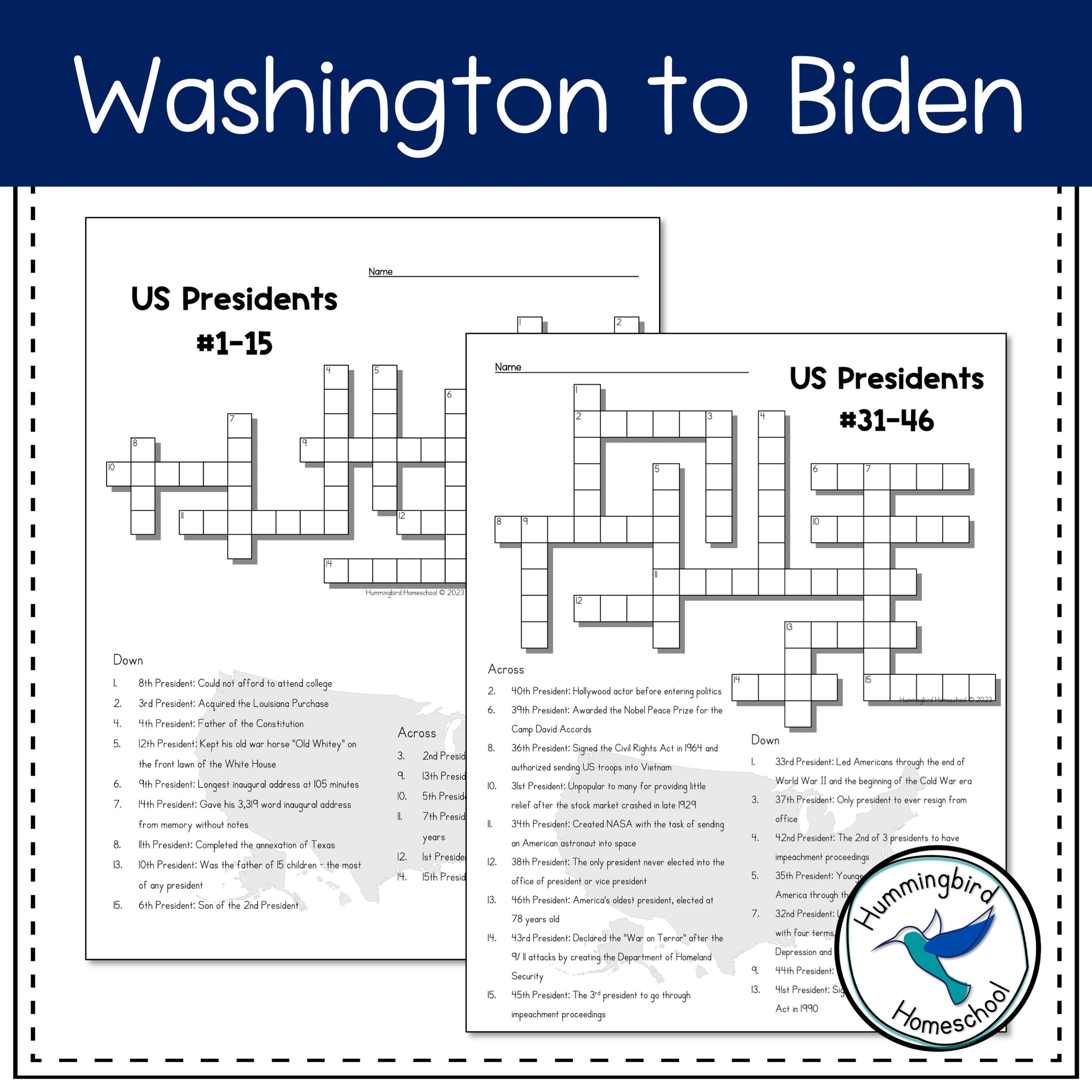 US Presidents Crossword Puzzles With Answers Hummingbird Homeschool