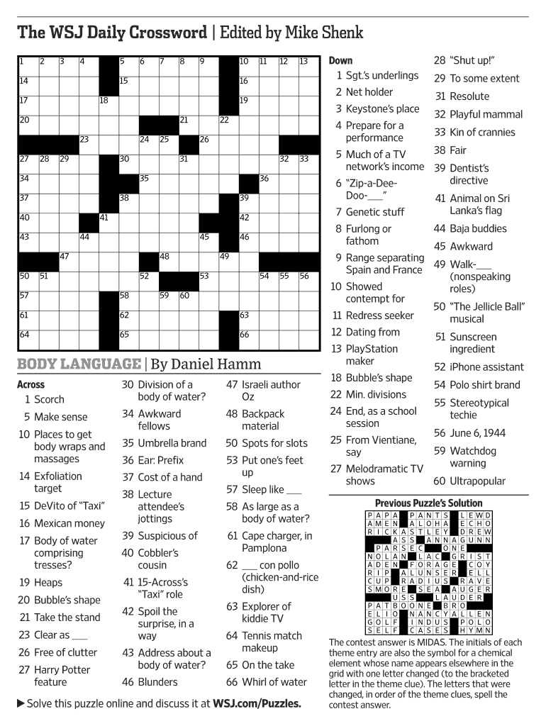wall st journal crossword puzzle answers