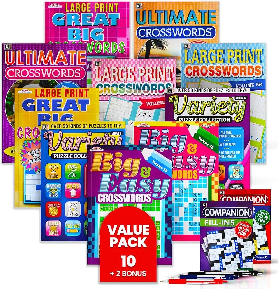Amazon 10 Pack Large Print Crossword Puzzles For Seniors Plus 2 Fill In Puzzle Books And 4 Pens Big Bold Easy to Read Perfect Brain Stimulation Elderly Games For Retirement Hospital Activities 8 X 10 