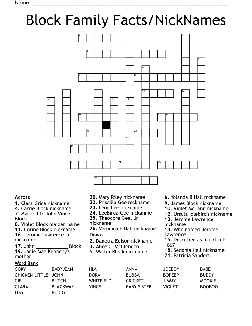 Block Family Facts NickNames Crossword WordMint Block Family Facts NickNames Crossword WordMint