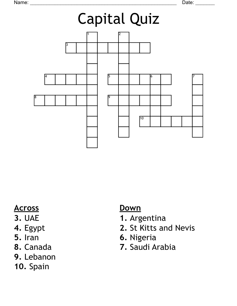 Capital Quiz Crossword WordMint Capital Quiz Crossword WordMint