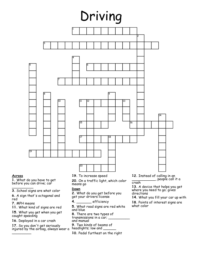 Driving Crossword WordMint Driving Crossword WordMint