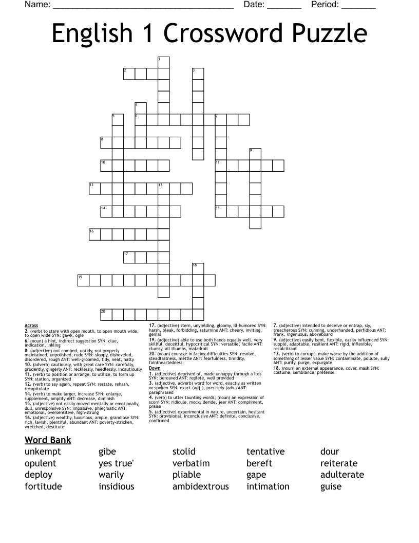 English 1 Crossword Puzzle WordMint English 1 Crossword Puzzle WordMint