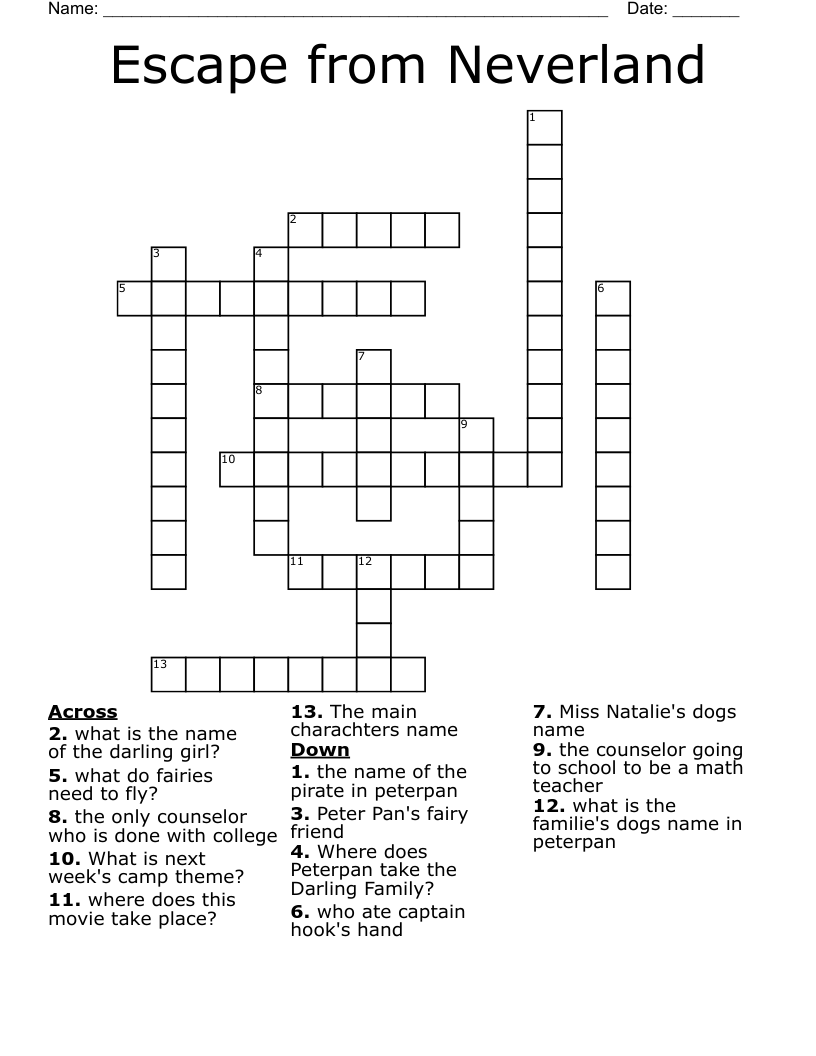 Escape From Neverland Crossword WordMint