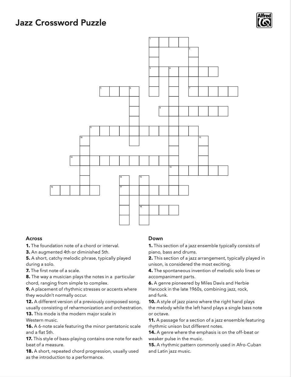 Free Music Activity Jazz Crossword Puzzle