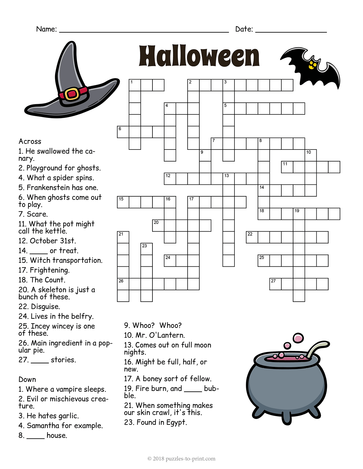 halloween crossword puzzle printable
