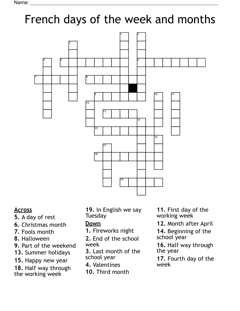 French Days Of The Week And Months Crossword WordMint