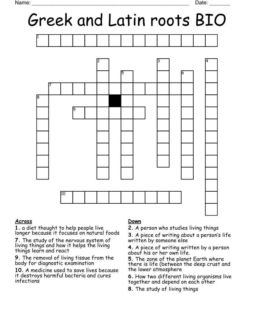 Greek And Latin Roots BIO Crossword WordMint Greek And Latin Roots BIO Crossword WordMint