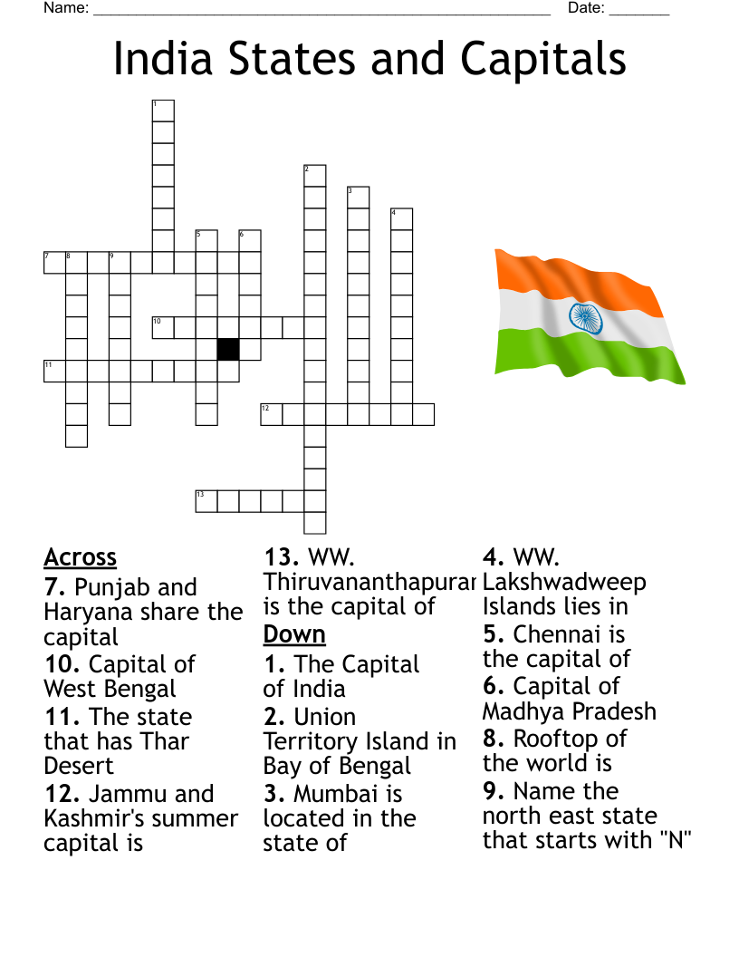 India States And Capitals Crossword WordMint