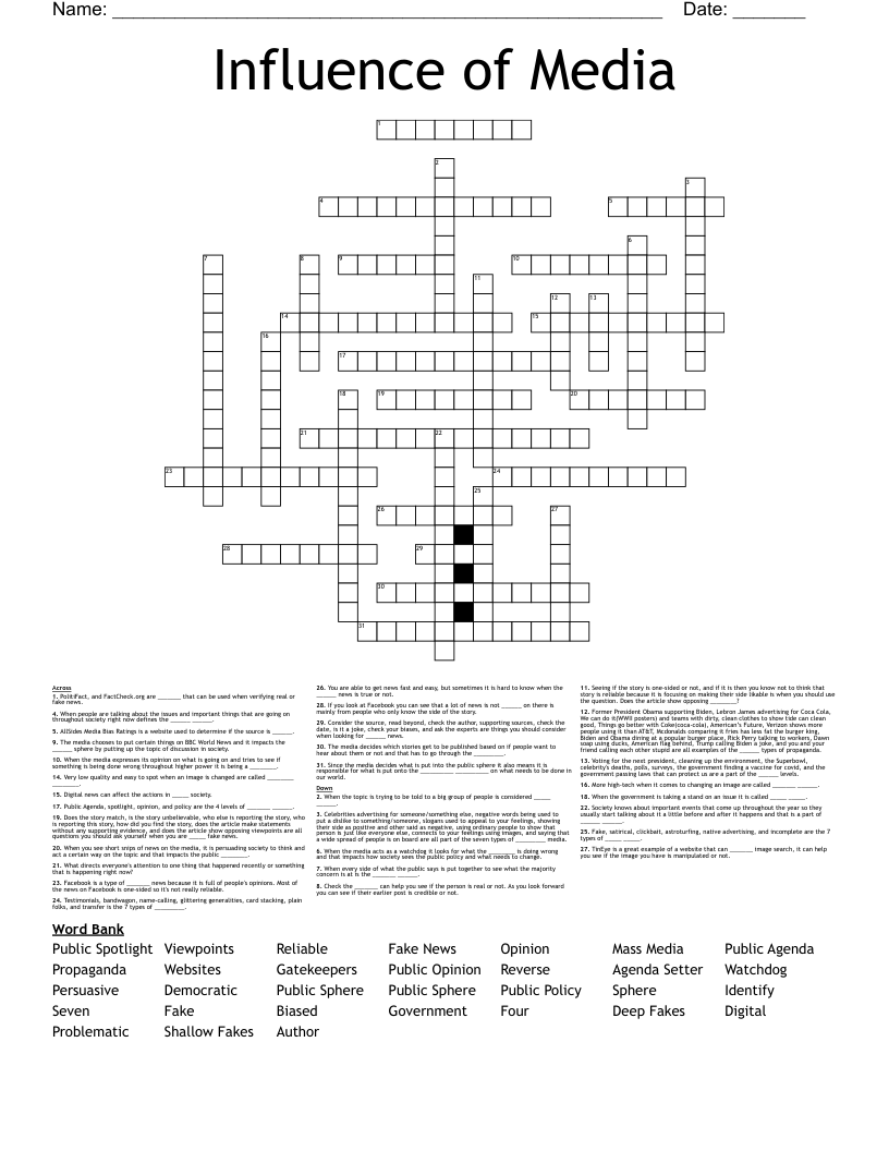 Influence Of Media Crossword WordMint