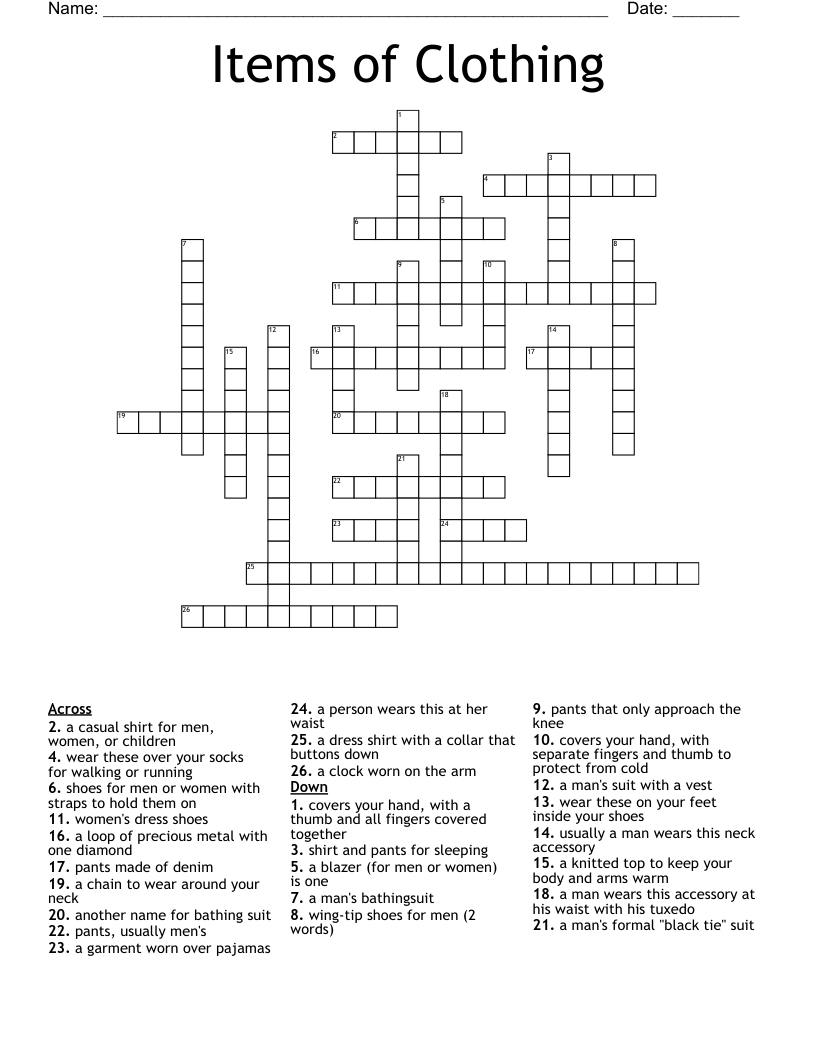 Items Of Clothing Crossword WordMint Items Of Clothing Crossword WordMint