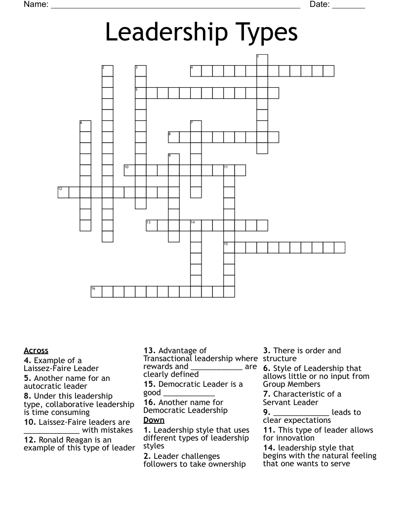 Leadership Types Crossword WordMint Leadership Types Crossword WordMint