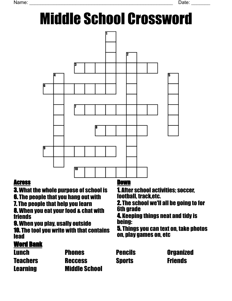 crosswords for middle schoolers
