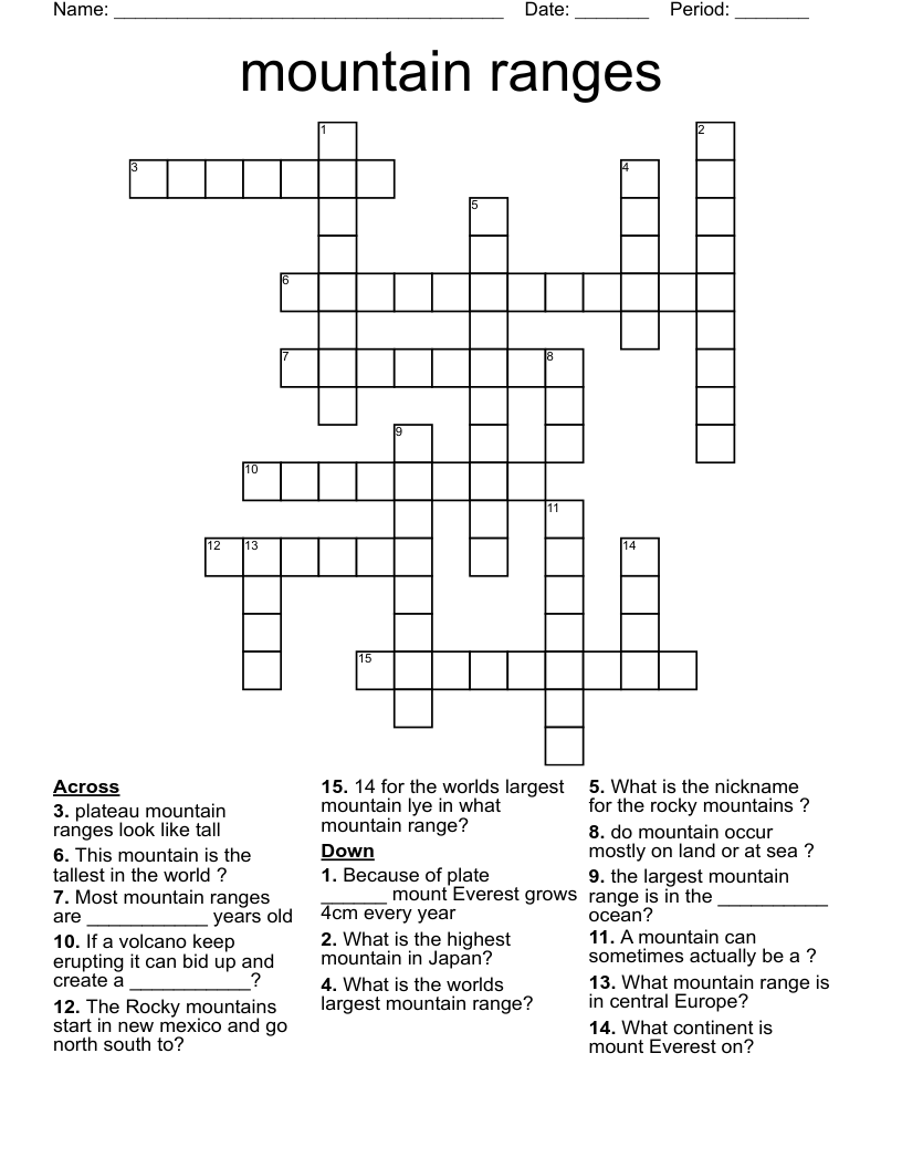 Mountain Ranges Crossword WordMint
