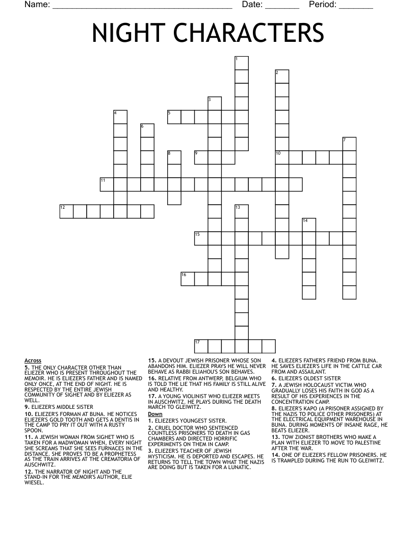 NIGHT CHARACTERS Crossword WordMint NIGHT CHARACTERS Crossword WordMint