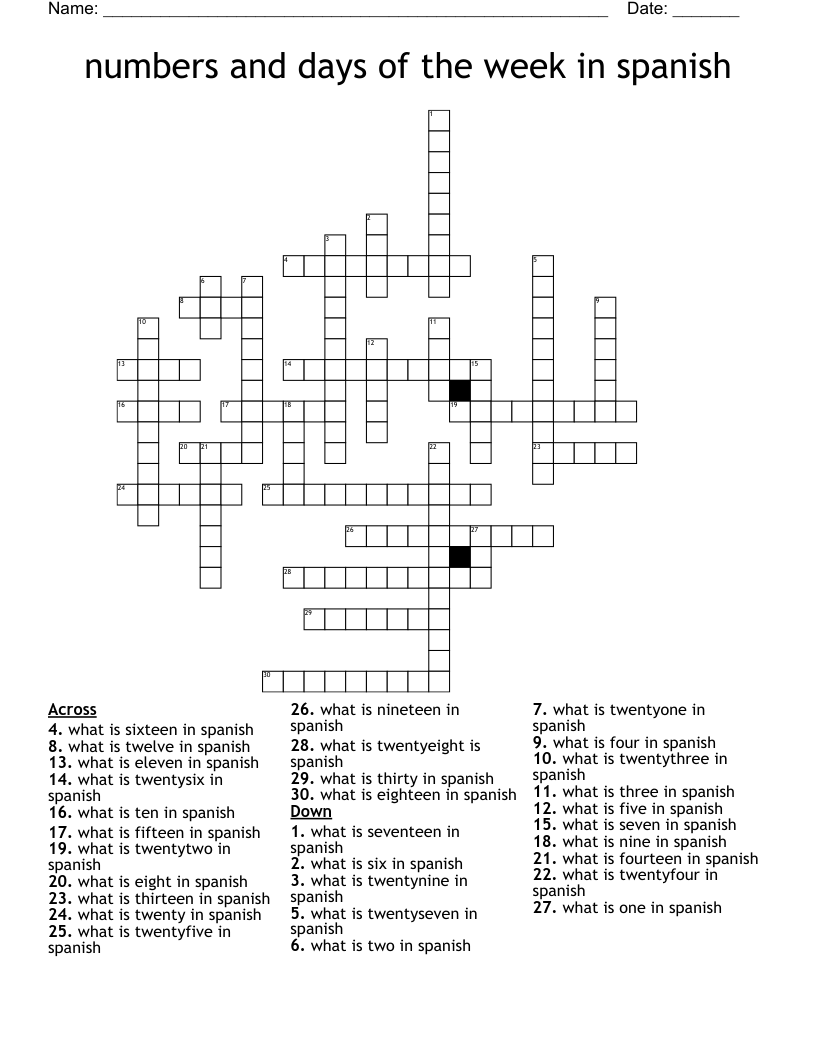 Numbers And Days Of The Week In Spanish Crossword WordMint
