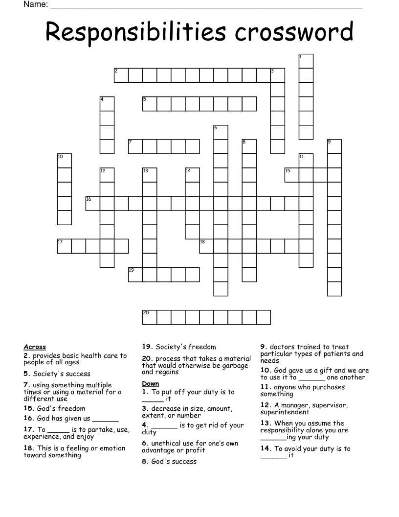 Responsibilities Crossword WordMint Responsibilities Crossword WordMint