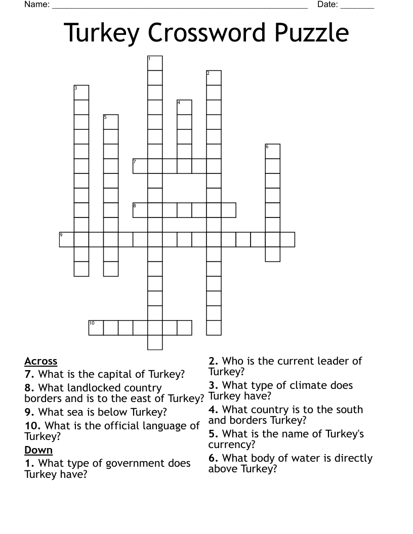 Turkey Crossword Puzzle WordMint Turkey Crossword Puzzle WordMint