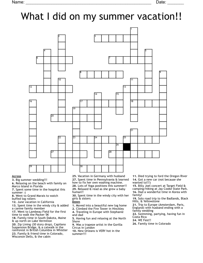 What I Did On My Summer Vacation Crossword WordMint