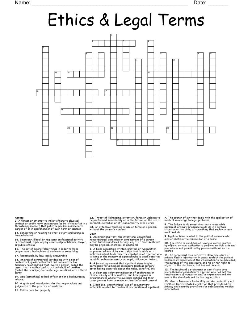Ethics Legal Terms Crossword WordMint