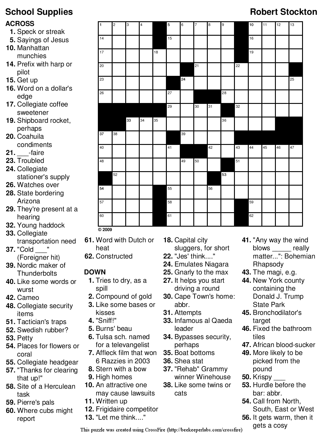 Printable Crossword Puzzle 95 School Supplies Beekeeper Crosswords
