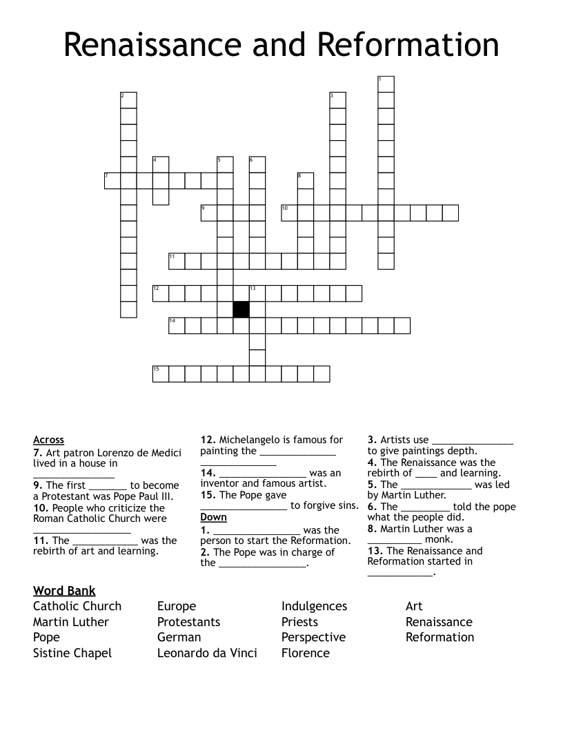 Renaissance And Reformation Crossword WordMint