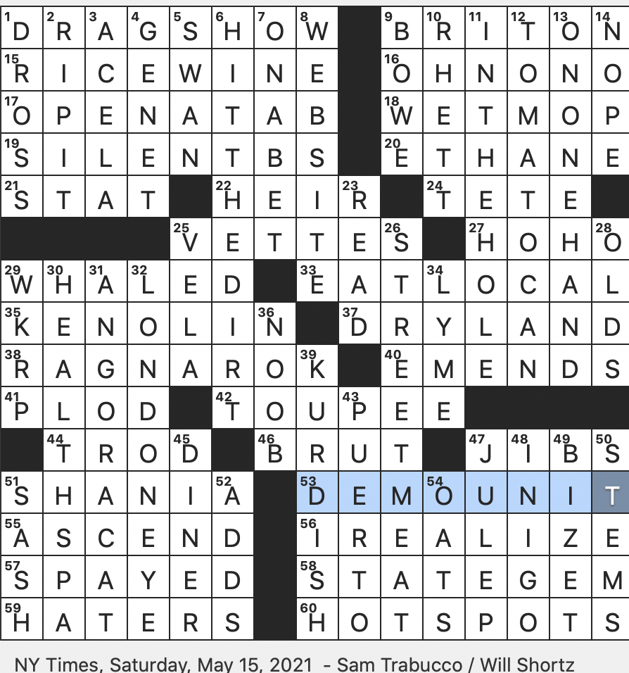 Rex Parker Does The NYT Crossword Puzzle Beverage Such As Huangjiu Or Cheongju SAT 5 15 21 Odorless Hydrocarbon Overnight Trendy Breakfast Mother Father Slangily Incapable Fighter In Boxing Slang