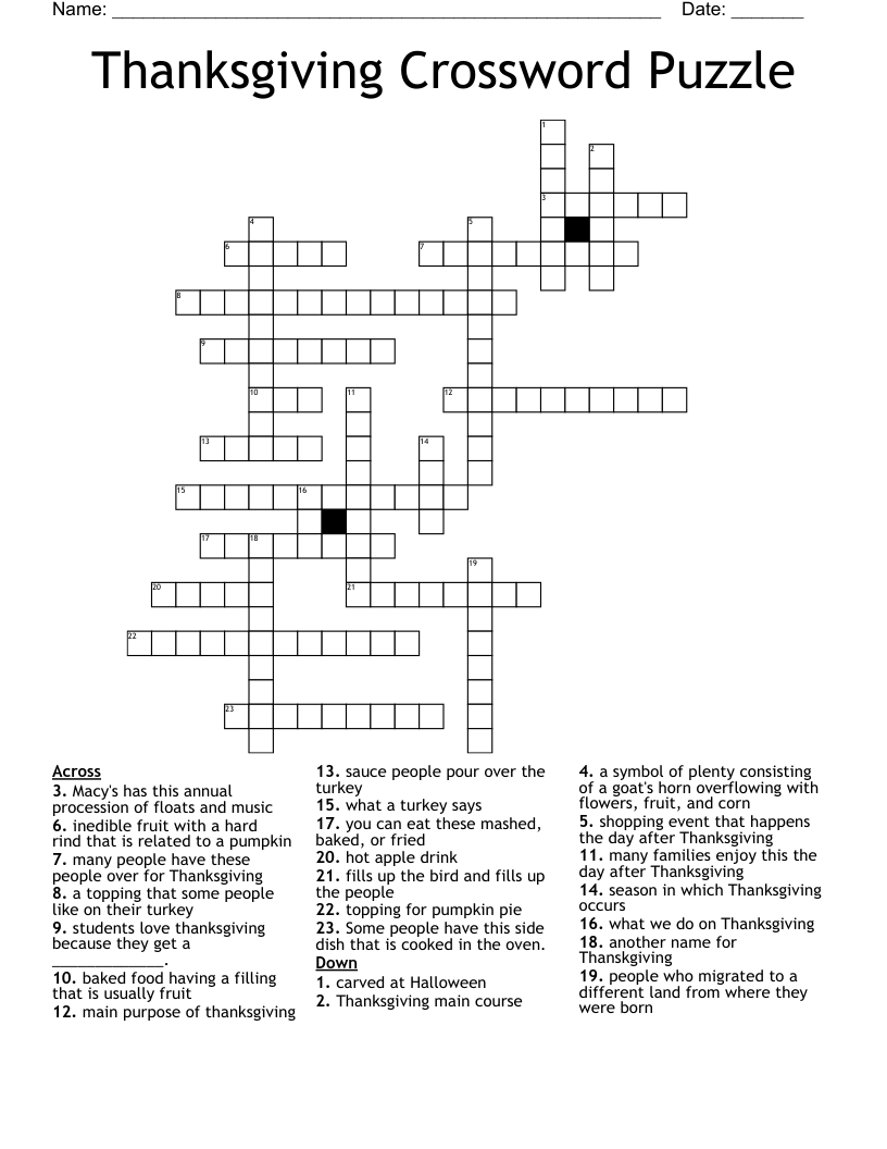 Thanksgiving Crossword Puzzle WordMint